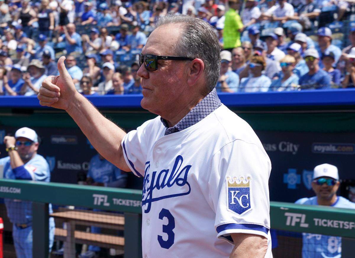 Former Royals manager Ned Yost takes the field at Kauffman Stadium for Mike Moustakas’ official retirement ceremony on May 31, 2025 in Kansas City.