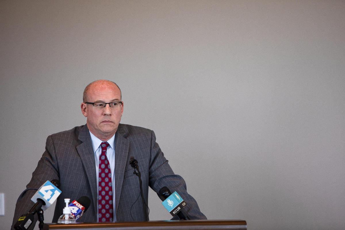 Johnson County District Attorney Steve Howe announces his office is declining to file criminal charges against four Overland Park police officers on Oct. 17, 2023, at the Johnson County Court House in Olathe. The announcement came after a nearly 18-month investigation into the misuse of funds for the Overland Park Police Officers Foundation.
