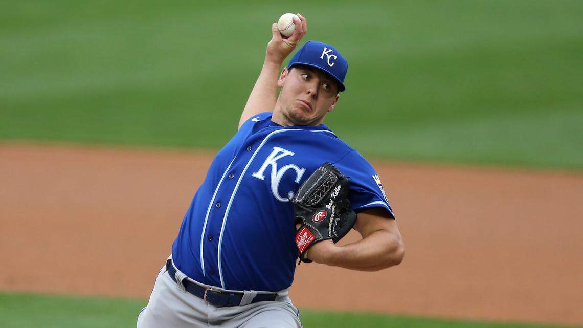 Kansas City Royals’ pitcher Brad Keller throws against the Minnesota Twins during the first inning of a baseball game, Sunday, May 2, 2021, in Minneapolis. (AP Photo/Stacy Bengs)