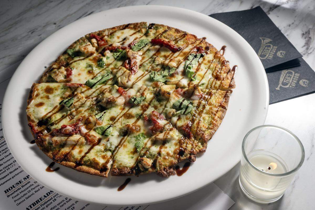 The Pesto Chicken Flatbread at Ted's Taproom, a new jazz venue, on Tuesday, May 5, 2026, at 1829 McGee St. in the Crossroads in Kansas City.