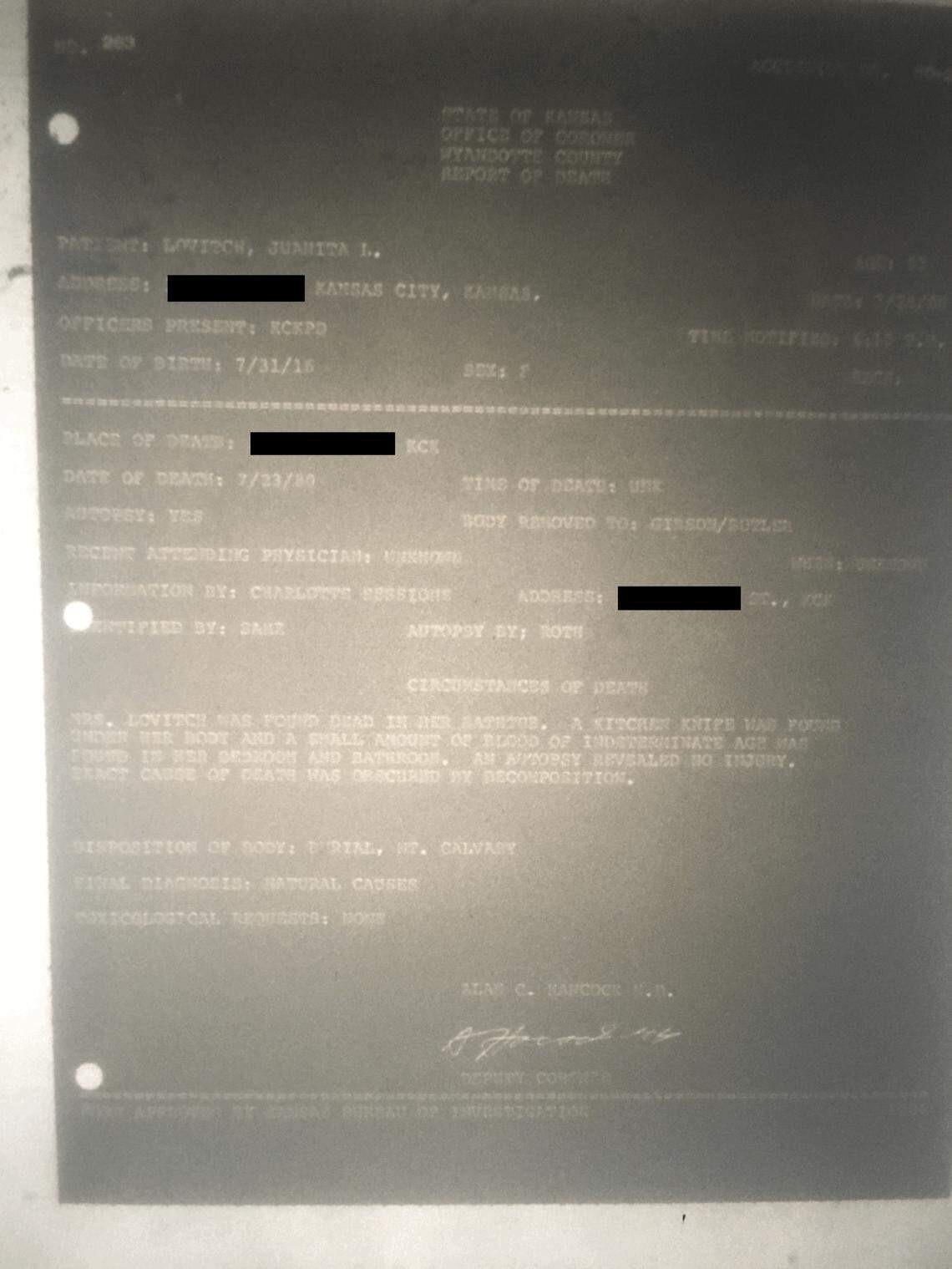 This 1980 coroner’s report describes the death of Juanita Lovitch, aunt of Robert J. Gross. The cause of death was listed as being from natural causes, but was later changed to homicide.