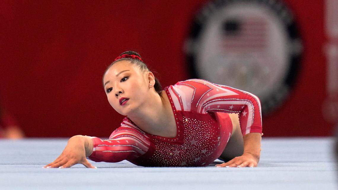 Grain Valley’s Kara Eaker competes in the floor exercise during the women’s U.S. Olympic Gymnastics Trials in St. Louis last month. An alternate on the U.S. women’s gymnastics team, she has tested positive for COVID-19 in Japan.