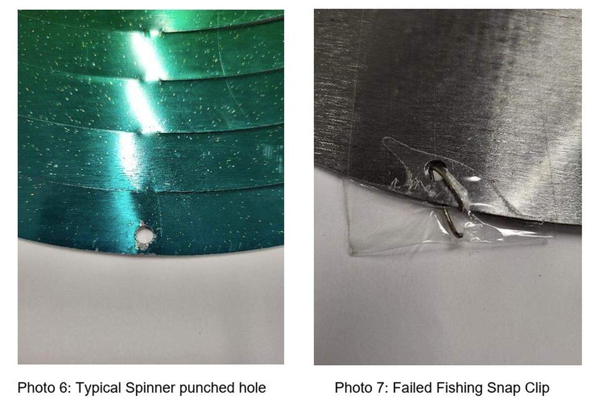 In its December engineering analysis, DuBois Consultants of Kansas City said that the holes punched close to the edges of spinners’ metal pieces were not necessarily problematic. But bending the clips to place in the holes could create micro-fractures in the clip. The report said, “the potential for a fatigue failure is also posible.”