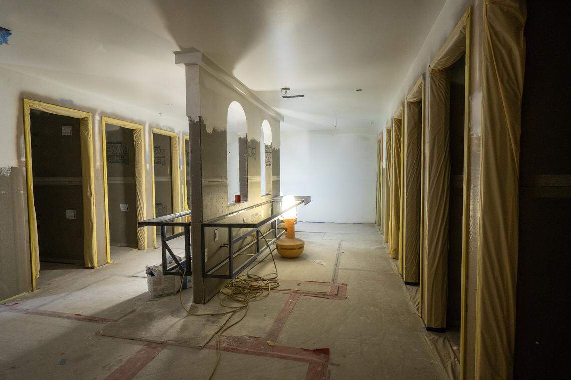 Work continues on the Overland Park Farmers Market pavilion and Clock Tower Landing, a $34 million project underway in downtown Overland Park, which was seen on Tuesday, April 21, 2026. The pavilion features a unisex restroom with fully enclosed stalls. The first farmers market is set to open at 7 a.m. Saturday, June 6, 2026. 