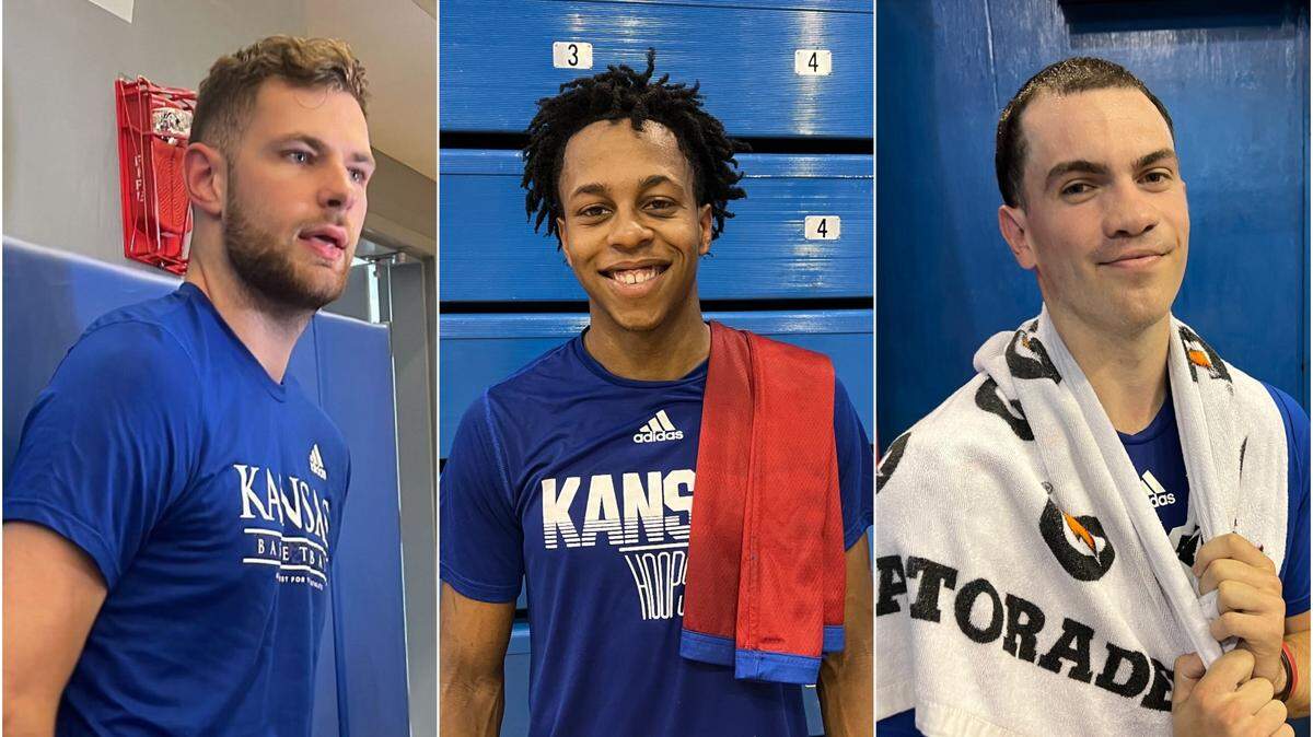 Photo collage: Hunter Dickinson (left), Elmarko Jackson (center) and Nick Timberlake (right) stood out at a KU basketball camp scrimmage during the 2023 offseason.