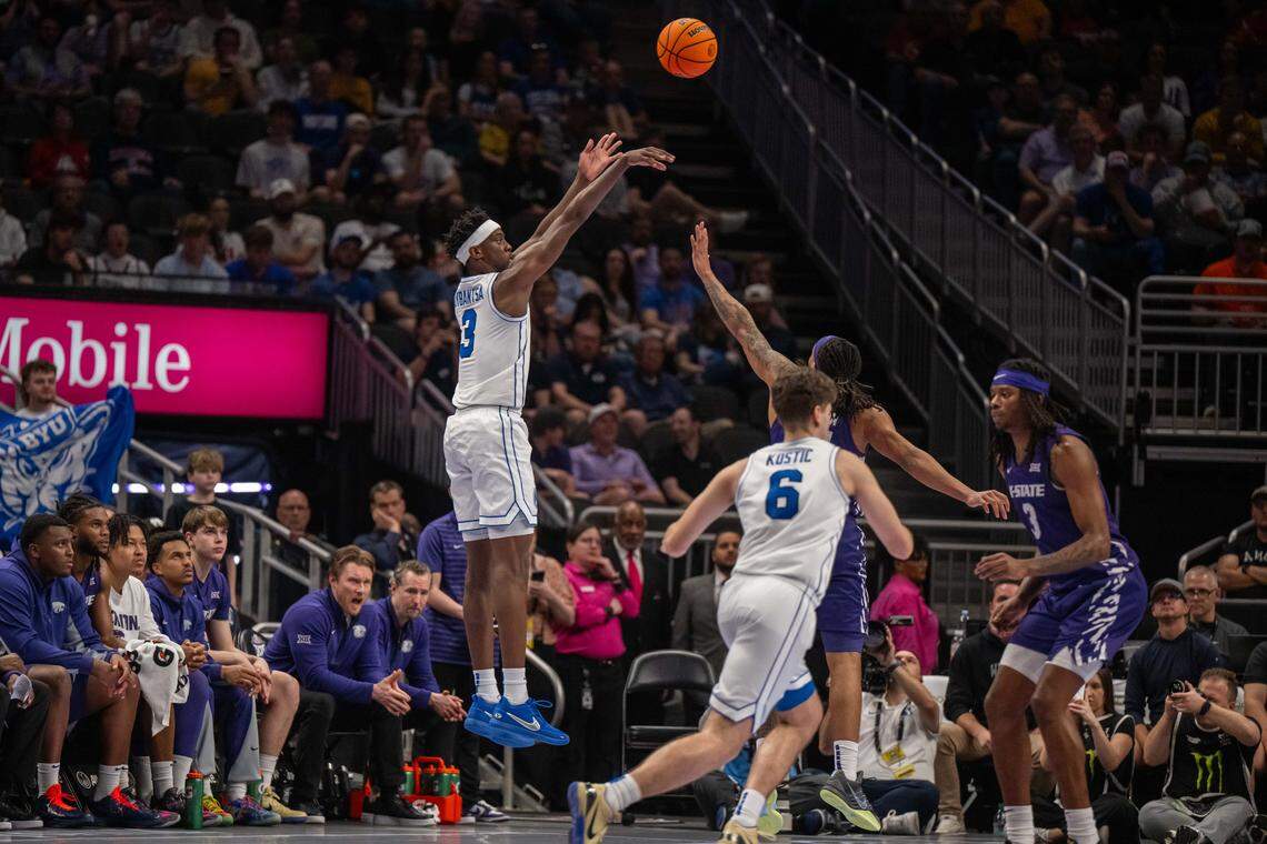 BYU Cougars forward AJ Dybantsa (3) takes a three point shot in the first half of the first round game of the Big 12 Men's Basketball Tournament, on Tuesday, March 10, 2026, at T-Mobile Center. The Wildcats lost to BYU, 105-91.