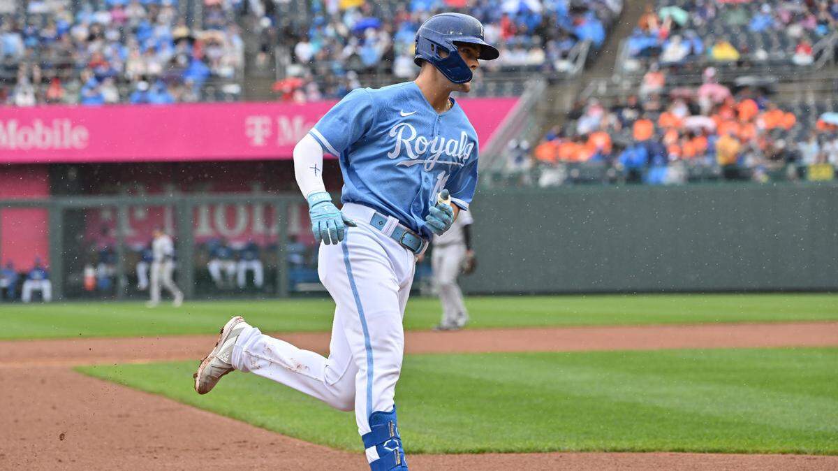 Kansas City Royals second baseman Michael Massey (19) rounds the bases after hitting a solo home run against the Chicago White Sox at Kauffman Stadium on May 11, 2023.