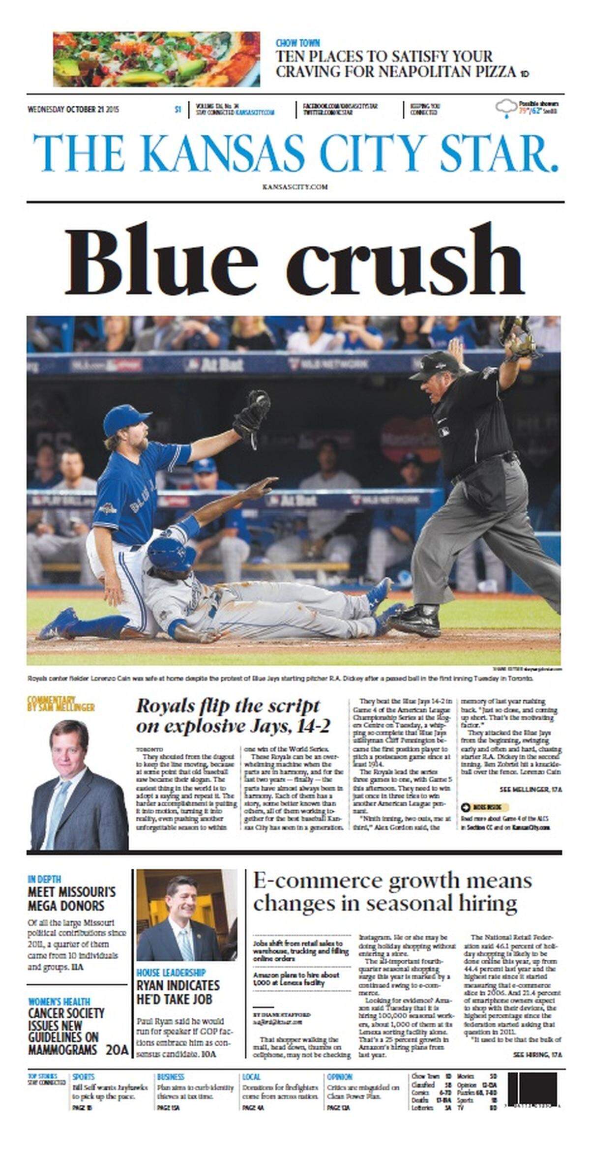 The front page of The Kansas City Star the day after the Royals beat the Blue Jays in Game 4 of the American League Championship Series on Oct. 20, 2015.