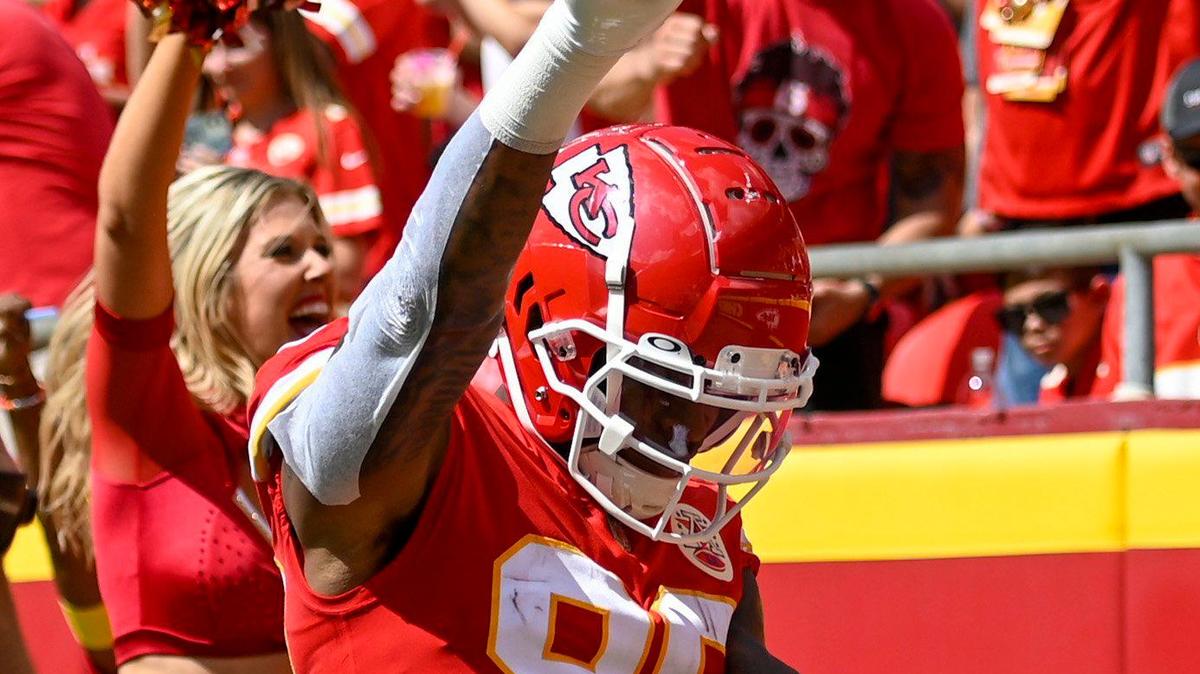 Kansas City Chiefs tight end Jody Fortson (88) celebrates after he scores a touchdown against the Washington Commanders in the first half on Saturday, Aug. 20, 2022, at Arrowhead Stadium in Kansas City.