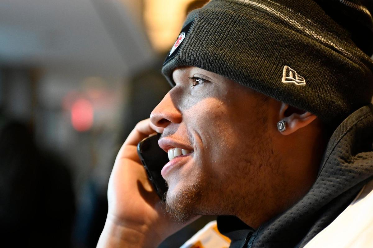 Kansas City Chiefs wide receiver Skyy Moore (24) talks during a phone interview during the team’s media availability Wednesday, Feb. 8, 2023, at Hyatt Regency Scottsdale Resort & Spa at Gainey Ranch in Arizona.