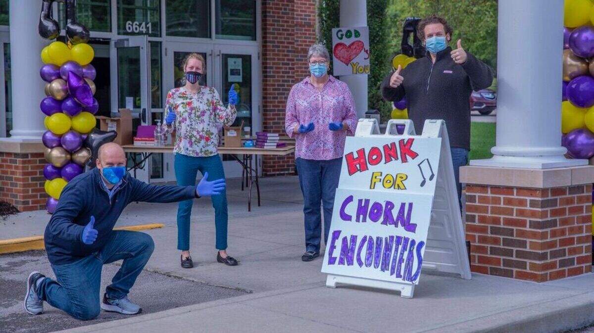 Will Breytspraak, left, and members of his team, Elisa Bickers, Carol Dale and Matthew Christopher Shepard, are prepared to delight crowds with music from Village Presbyterian Church.