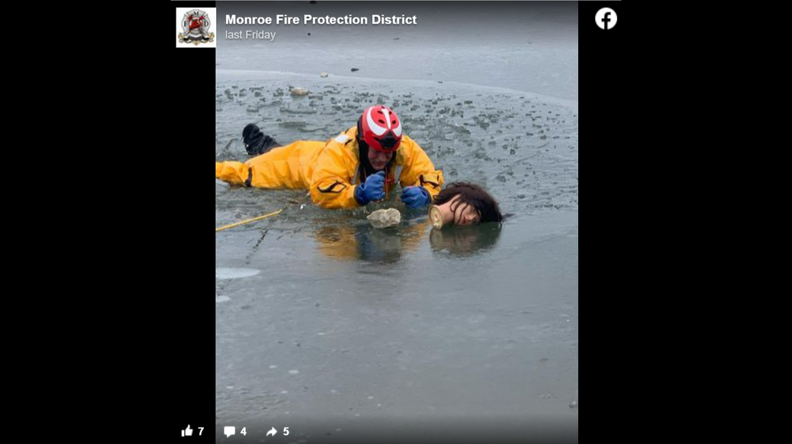 While the victim wasn’t what they expected, Monroe Fire Protection District members carried out the thin-ice rescue anyway.