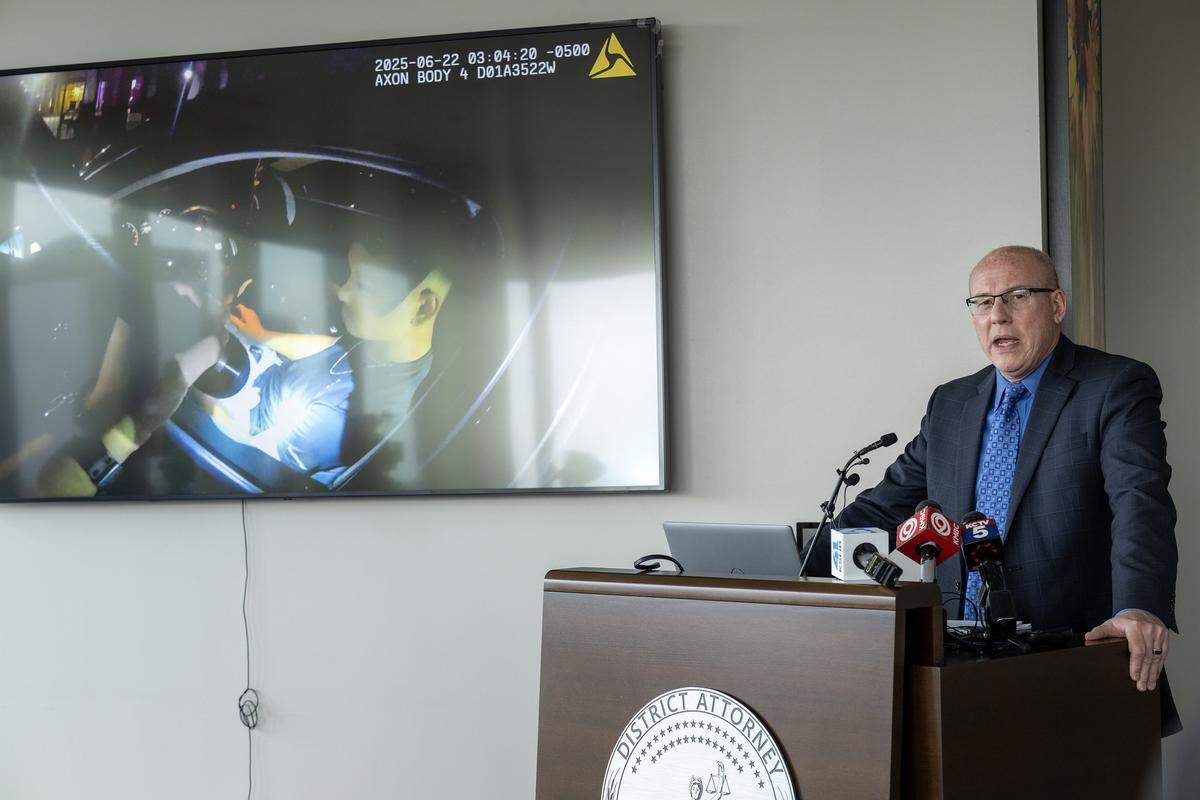 Johnson County District Attorney Stephen Howe explains the decision during a news conference addressing the fatal officer-involved shooting of Jose Enrique Cartagena-Chacon in Lenexa on June 22, 2025. 