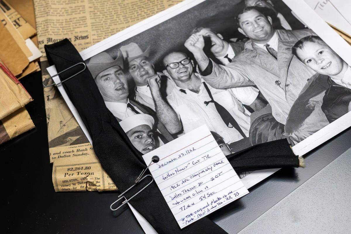 A photo and the tie worn by Kansas City Chiefs founder Lamar Hunt during the 1962 AFL championship game are shown in a file cabinet inside the Library Room at the SubTropolis underground facility in Kansas City.