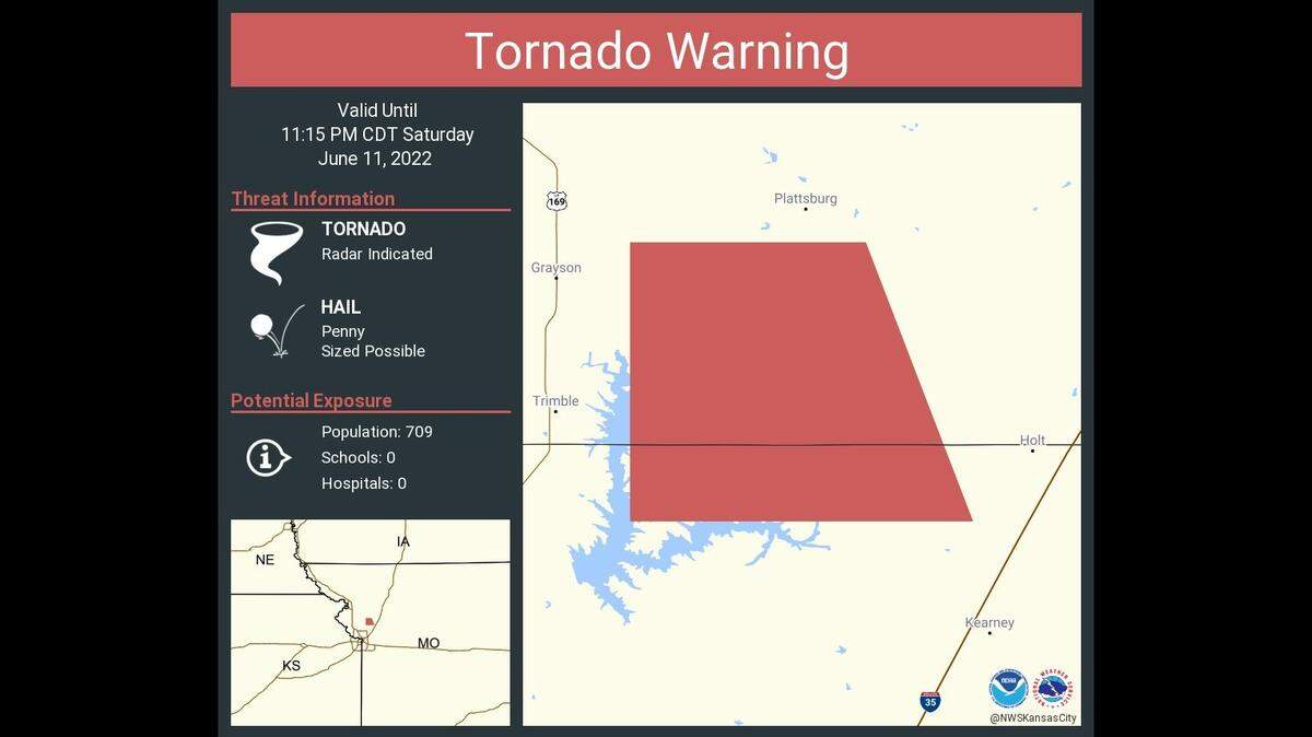 The National Weather Service in Kansas City issued a tornado warning for Clay County and Clinton County on Saturday night over social media.