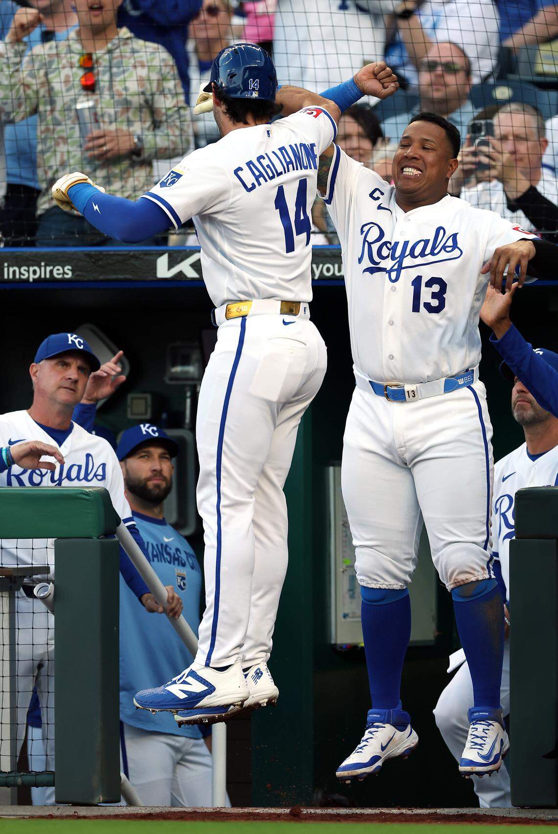 Jac Caglianone #14 of the Kansas City Royals is congratulated by Salvador Perez #13 after hitting a home run during the 2nd inning of the game against the Baltimore Orioles at Kauffman Stadium on April 20, 2026 in Kansas City, Missouri.