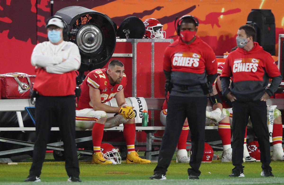 Kansas City Chiefs tight end Travis Kelce sits on the bench near the end of the ChiefsÕs 31-9 loss to the Tampa Bay Buccaneers Sunday, February 7, 2021, at Super Bowl LV at Raymond James Stadium in Tampa, Florida.