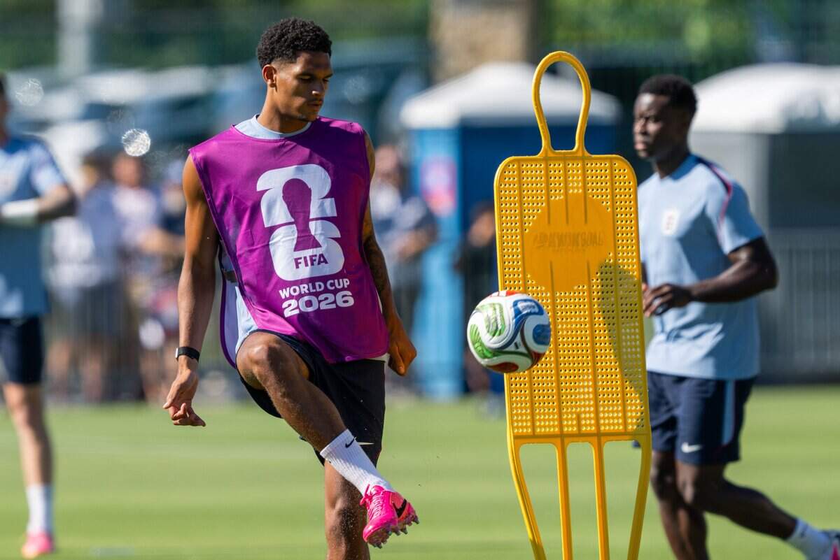 England's Jarell Quansah kicks a ball during practice on Victory Field at Swope Soccer Village, Saturday, June 13, 2026, in Kansas City. The team will call Prairie Village home during the World Cup.