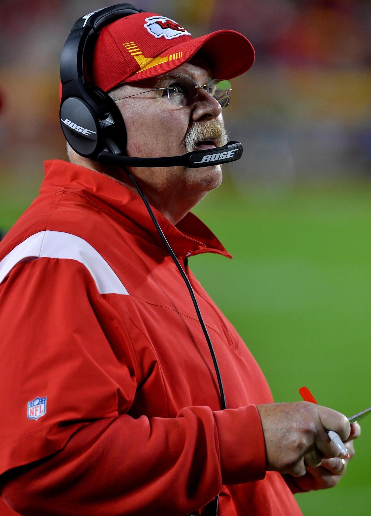 Chiefs coach Andy Reid leads his team into a night game today against the Raiders in Las Vegas. Next weekend, the Chiefs are home against the Dallas Cowboys.