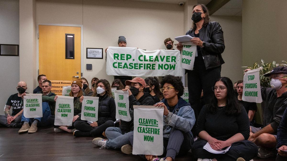 Protesters staged a sit-in outside Rep. Emanuel Cleaver’s Kansas City office on Wednesday, Nov. 8, 2023. Organizers had coordinated the sit-in at Cleaver’s district office to encourage his endorsement of a cease-fire action and express solidarity with the people of Palestine.