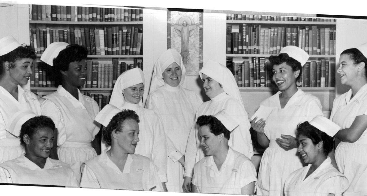 The first integrated class of nursing students trained at Queen of the World in 1956.