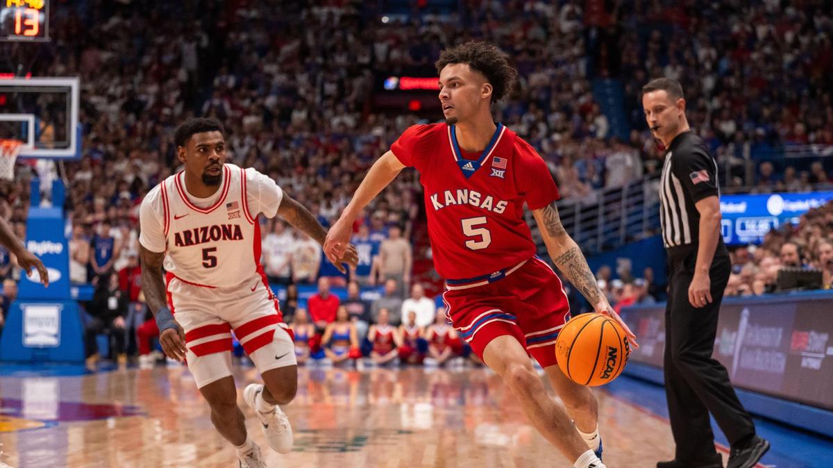 Kansas Jayhawks guard Zeke Mayo turns the corner in the first half of the game vs. the Arizona Wildcats on Saturday, March 8, 2025, at Allen Fieldhouse.