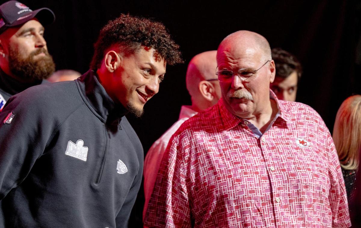 Kansas City Chiefs head coach Andy Reid, right, jokes with quarterback Patrick Mahomes during Super Bowl LVIII’s Opening Night event at Allegiant Stadium on Monday, Feb. 5, 2024, in Las Vegas.