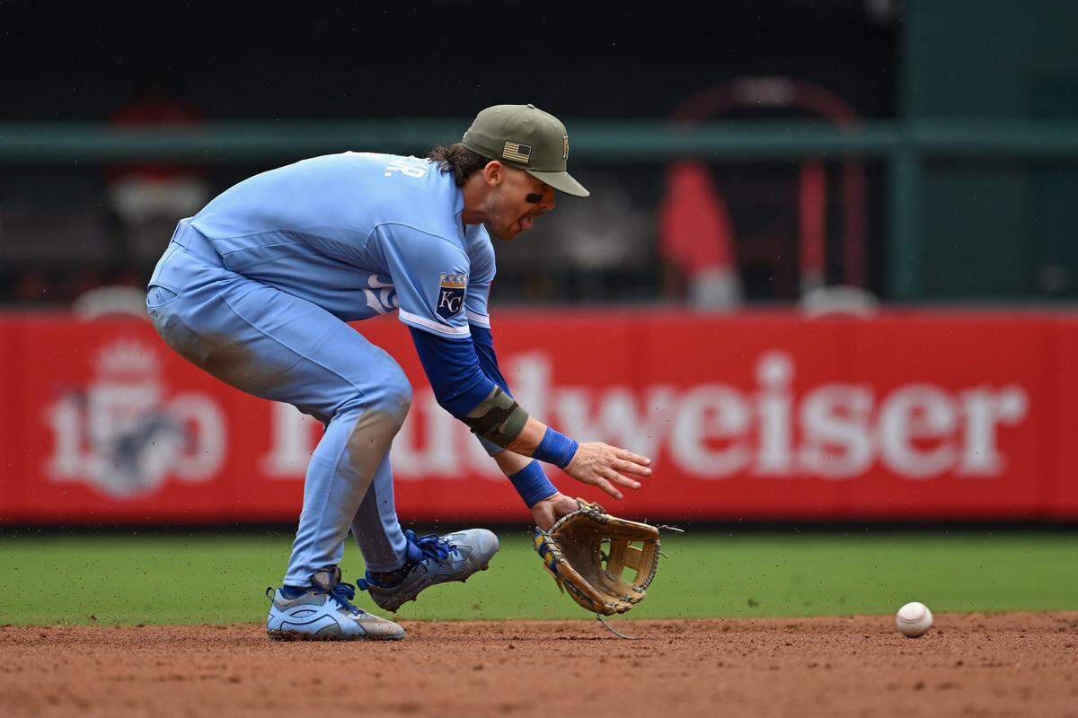 Royals shortstop Bobby Witt Jr. fields a ground ball during a game against the Cardinals at Busch Stadium in St. Louis on Saturday, May 16, 2026.