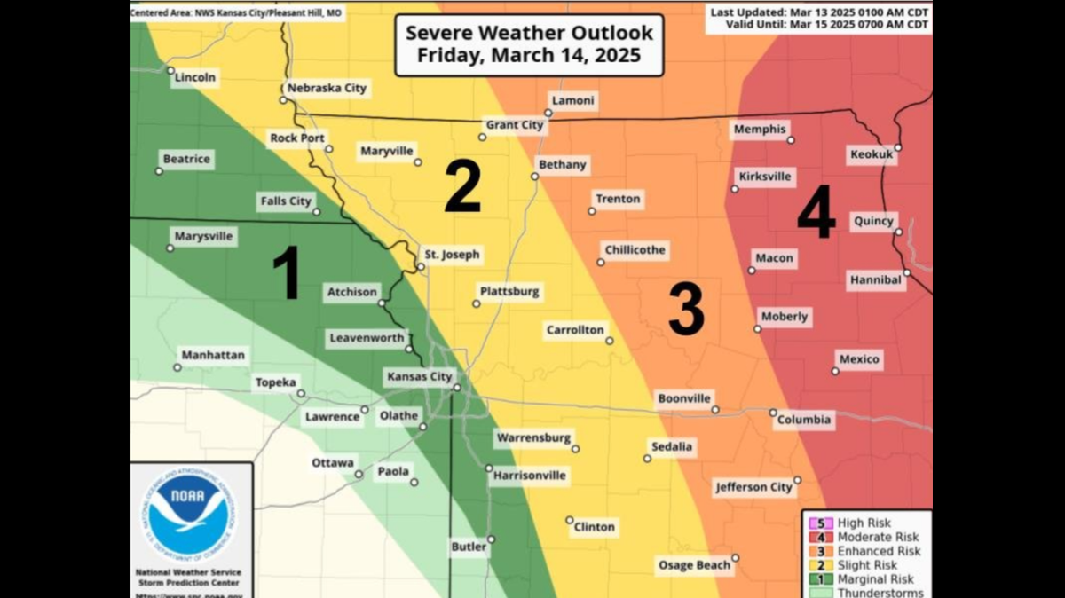 Severe thunderstorms are possible in the Kansas City area Friday between 1-7 p.m., according to the National Weather Service.