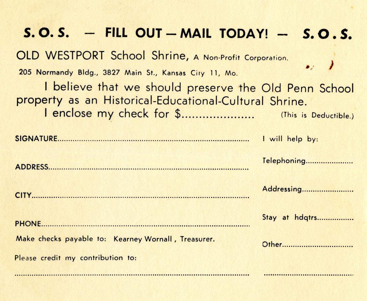 Old Westport School Shrine donation card.