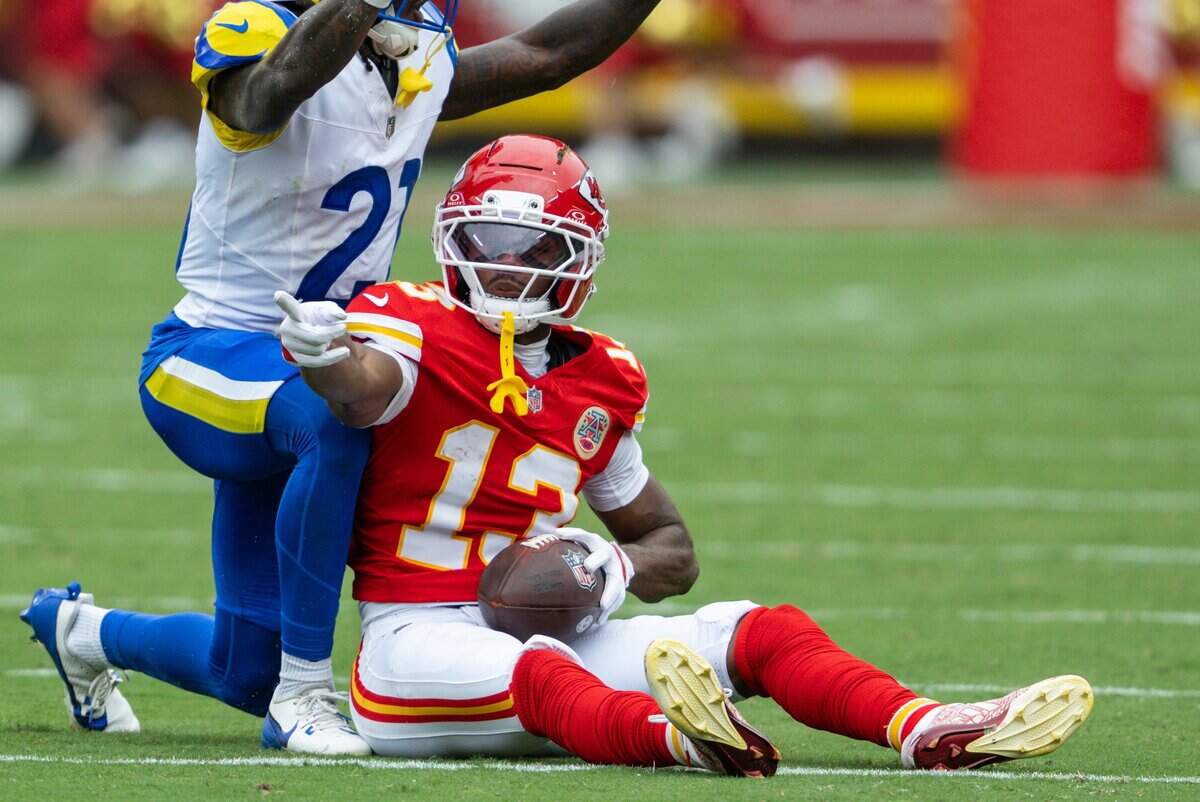 Kansas City Chiefs wide receiver Cyrus Allen (13) signals a first down after a catch in the first half of the Chiefs preseason game against the Los Angeles Rams, on Saturday, August 15, 2026, at Arrowhead Stadium.