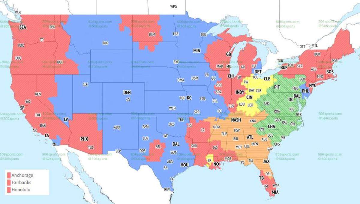 The Chiefs-Broncos game is in the blue areas.