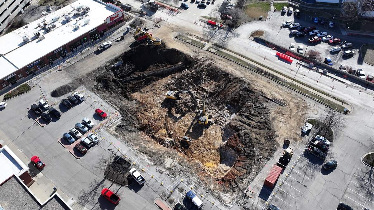 An aerial view of the excavation in the parking lot of the Westport Sun Fresh. Courtesy of KC Water and Burns & McDonnell.