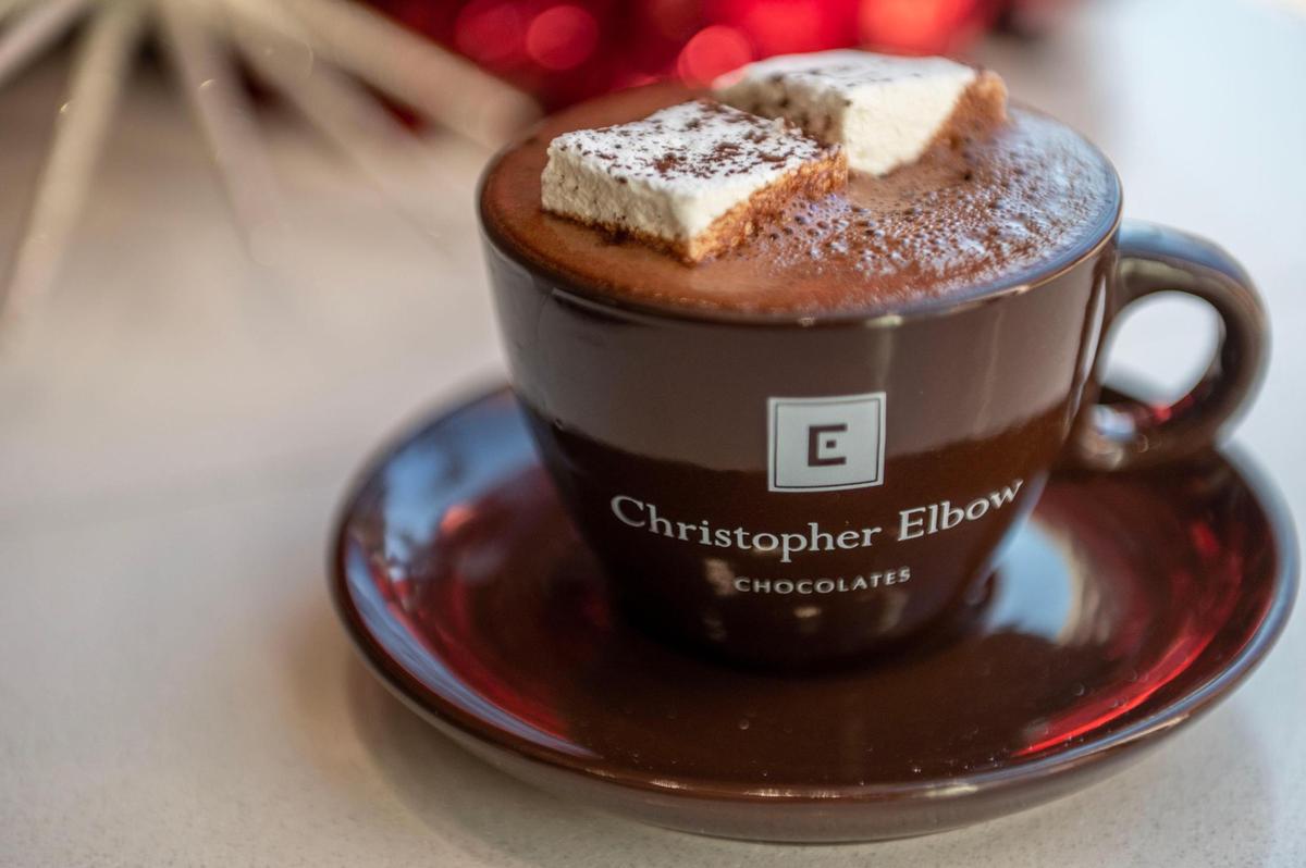 Cocoa Noir hot chocolate topped with house-made marshmallows is served at Christopher Elbow Chocolates on Monday, Nov. 28, 2022, in Kansas City.