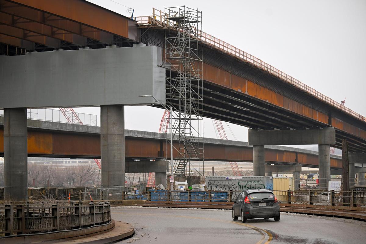 Newly constructed bridges to replace the Buck O’Neil Bridge are seen from Woodswether Road on Wednesday in Kansas City.
