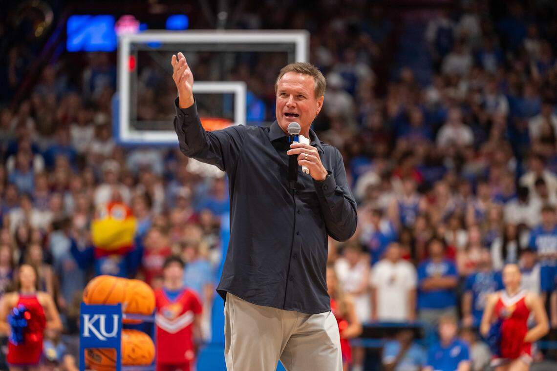 Kansas Jayhawks men’s basketball coach Bill Self speaks to the crowd at Allen Fieldhouse during Late Night in the Phog on Friday, Oct. 17, 2025, in Lawrence, Kan.