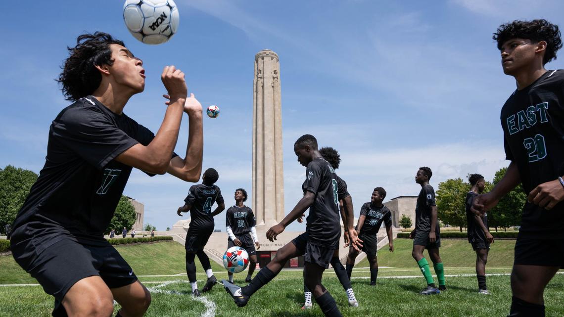 Players from the East High School soccer team kick a ball around Wednesday at the National WWI Museum and Memorial. The venue was announced as the location of the FIFA Fan Fest for the 2026 World Cup matches in Kansas City.