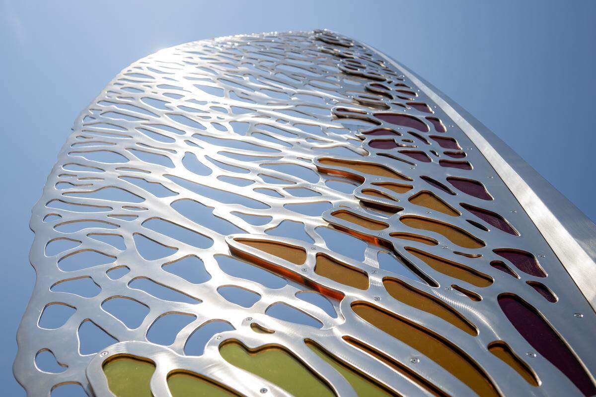 A sculpture by artist Heath Satow is seen at the entrance of the Green Street development on Tuesday, Aug. 5, 2025, in Lee's Summit.