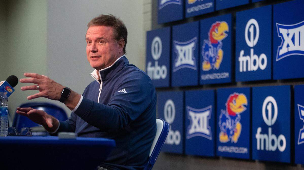 Kansas head coach Bill Self answers questions at a press conference before the 2022-23 men’s basketball season.