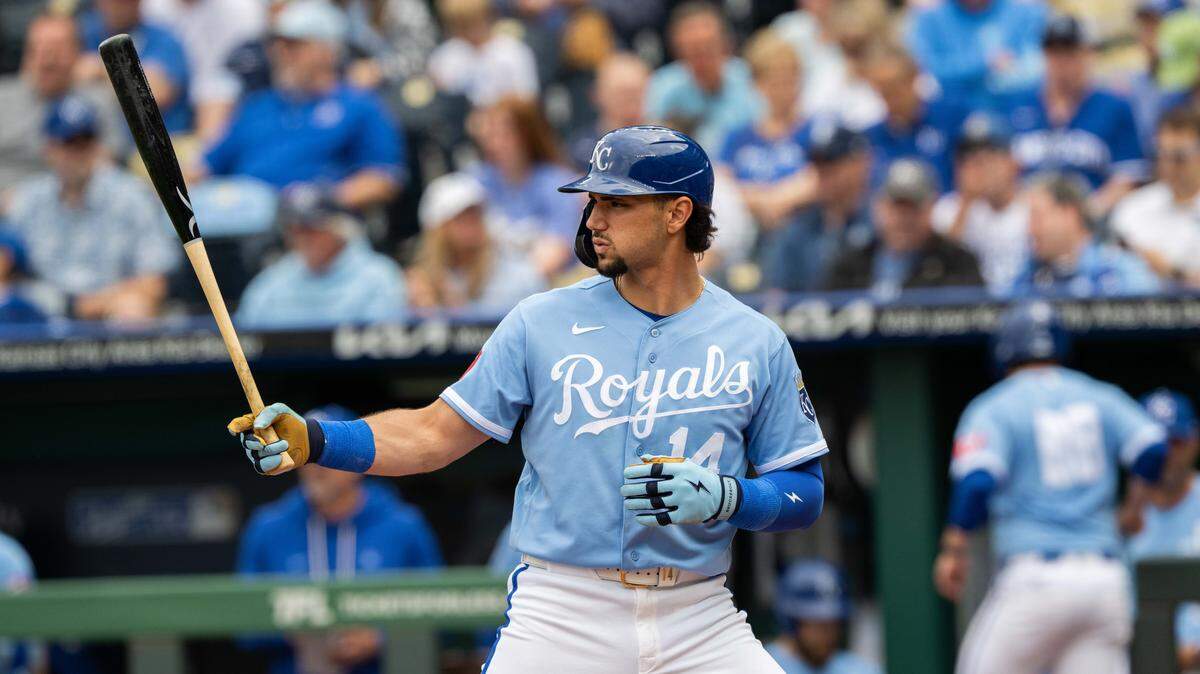 Kansas City Royals right fielder Jac Caglianone (14) prepares for a pitch vs. the Baltimore Orioles on Wednesday, April 22, 2026 at Kauffman Stadium.