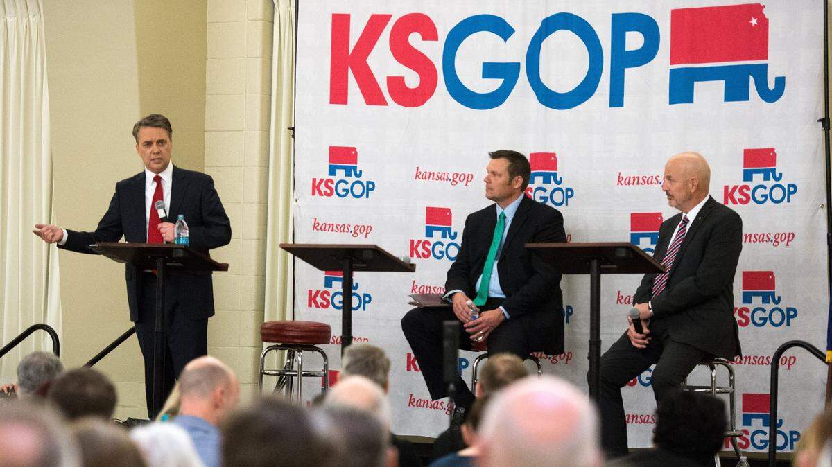 Three Republican candidates for governor — Gov. Jeff Colyer, Secretary of State Kris Kobach and Insurance Commissioner Ken Selzer  —shared the stage at a debate in Atchison.