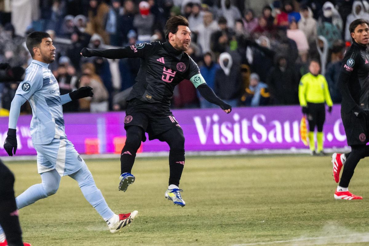 Inter Miami CF forward Lionel Messi takes a shot on goal in the first half of the Concacaf Champions Cup match of Sporting KC vs. Inter Miami CF on Wednesday, Feb. 19, 2025, at Sporting Park. Messi scored the matches only goal.