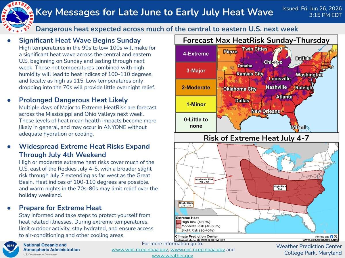 A dangerous heat wave is expected to begin Sunday and continue through the July 4th holiday weekend in the central and eastern U.S., according to the Weather Prediction Center, part of the National Weather Service.