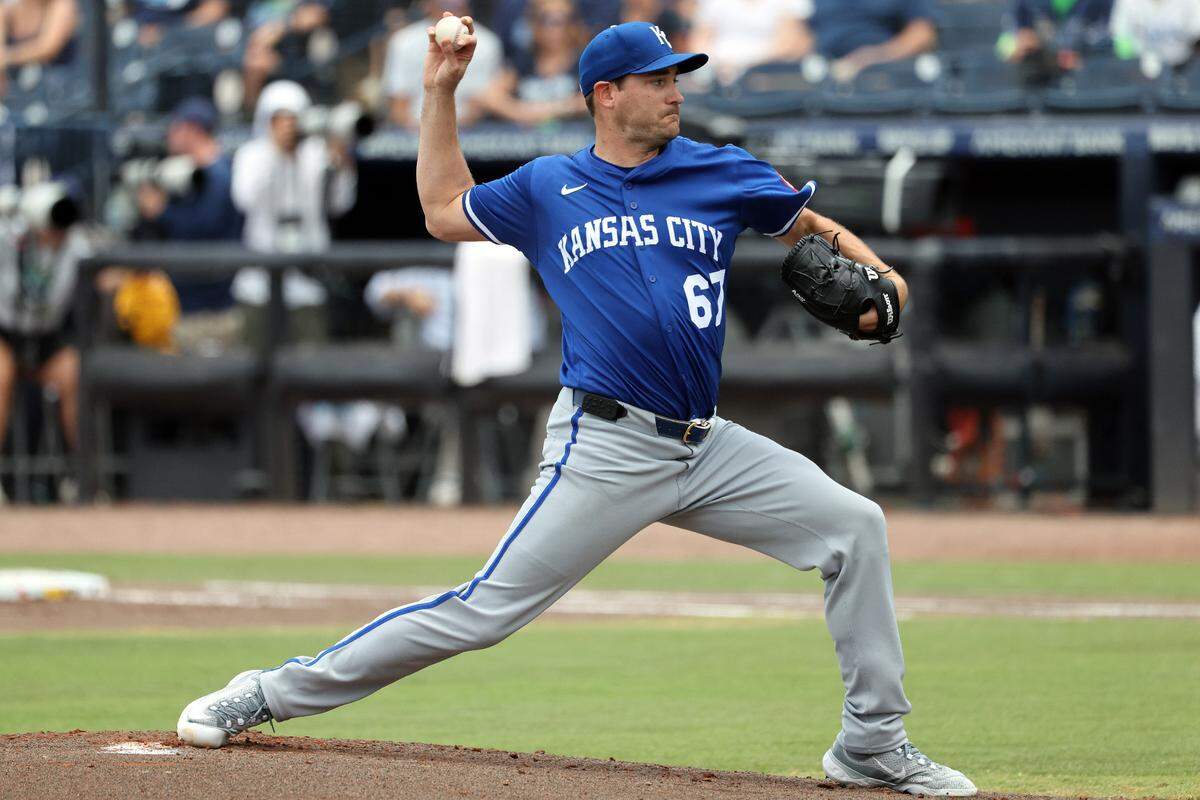 Kansas City Royals starting pitcher Seth Lugo (67) throws a pitch against the Tampa Bay Rays during the first inning at George M. Steinbrenner Field on May 1, 2025 in Tampa, Florida, USA.