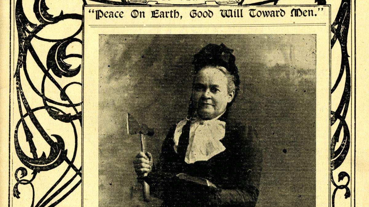 Carry Nation with her trademark hatchet and bible on the cover of The Smasher’s Mail, her pro-temperance newsletter.