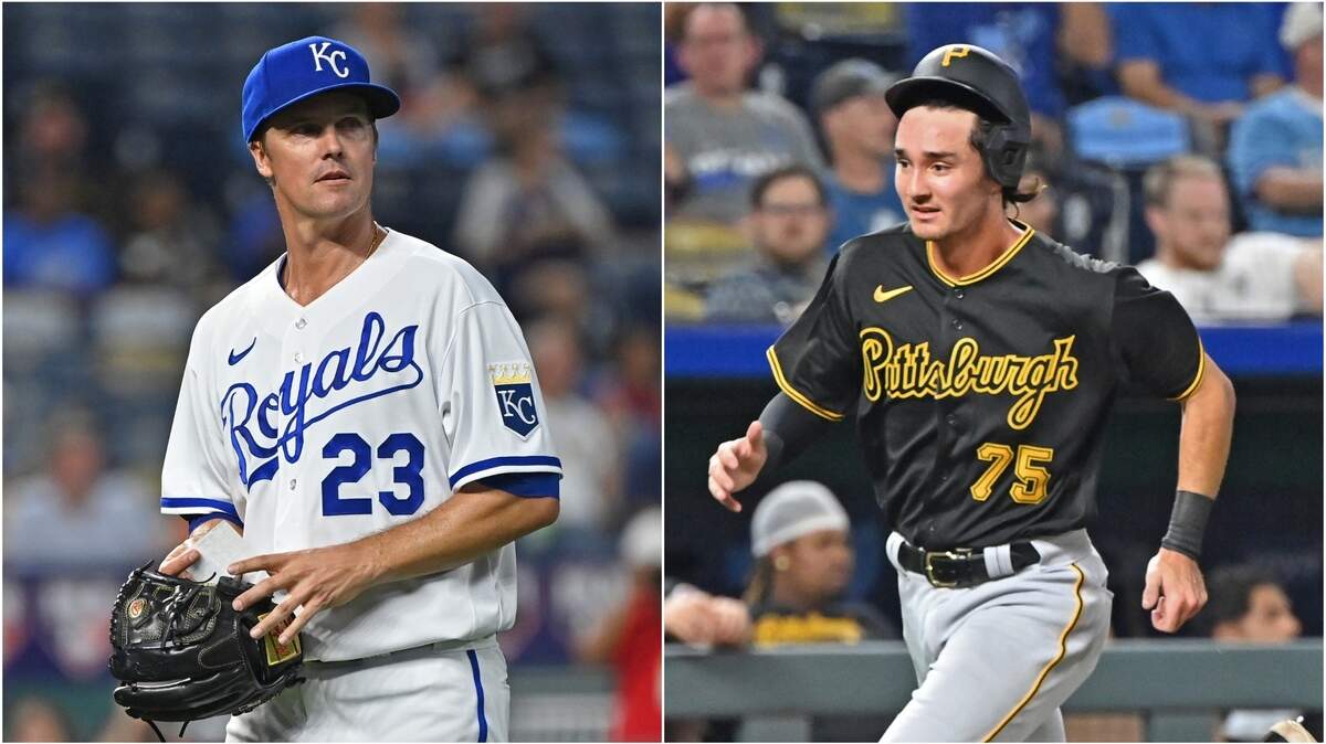 Despite a solid-enough start from Zack Greinke (left), the Kansas City Royals fell to Alika Williams (right) and the Pittsburgh Pirates at Kauffman Stadium on Aug. 28, 2023.