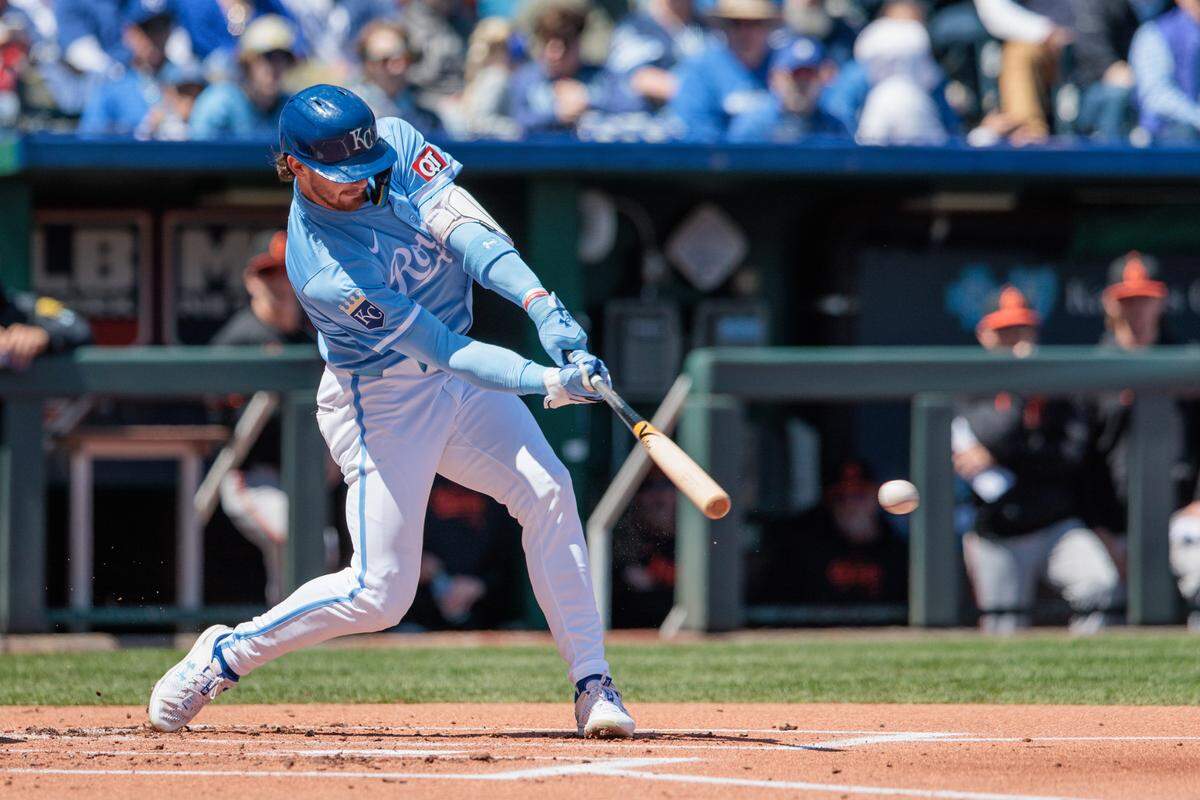 Hits were precious for the Kansas City Royals on Sunday against the Baltimore Orioles. Here, KC shortstop Bobby Witt Jr. doubles in the first inning.