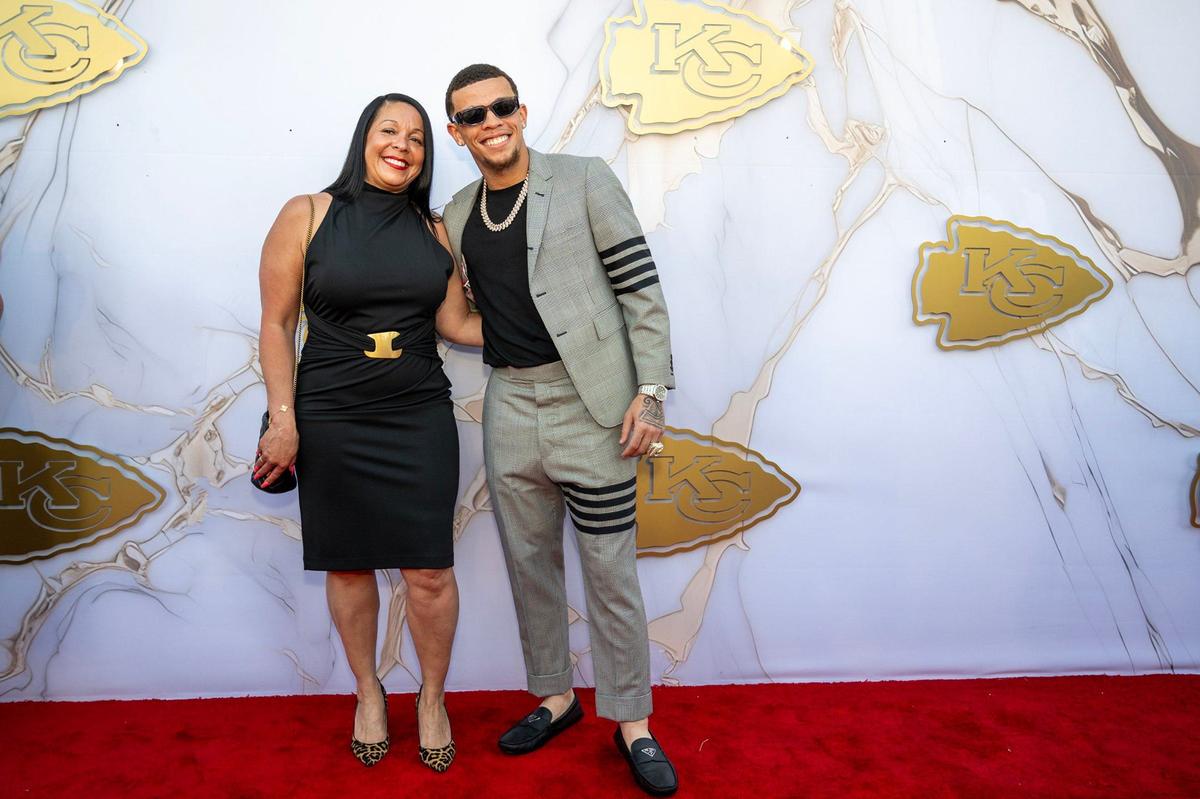 Chiefs wide receiver Skyy Moore on the red carpet before the Super Bowl LVIII championship ring presentation event.