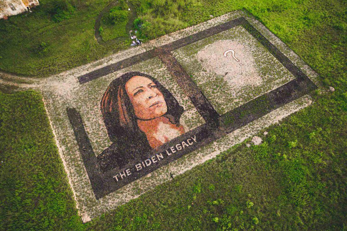 An “earthwork” portrait by Kansas artist Stan Herd of Vice President Kamala Harris, now a candidate for the Democratic Party’s presidential nomination, is seen on a farm near Lawrence, Kansas.