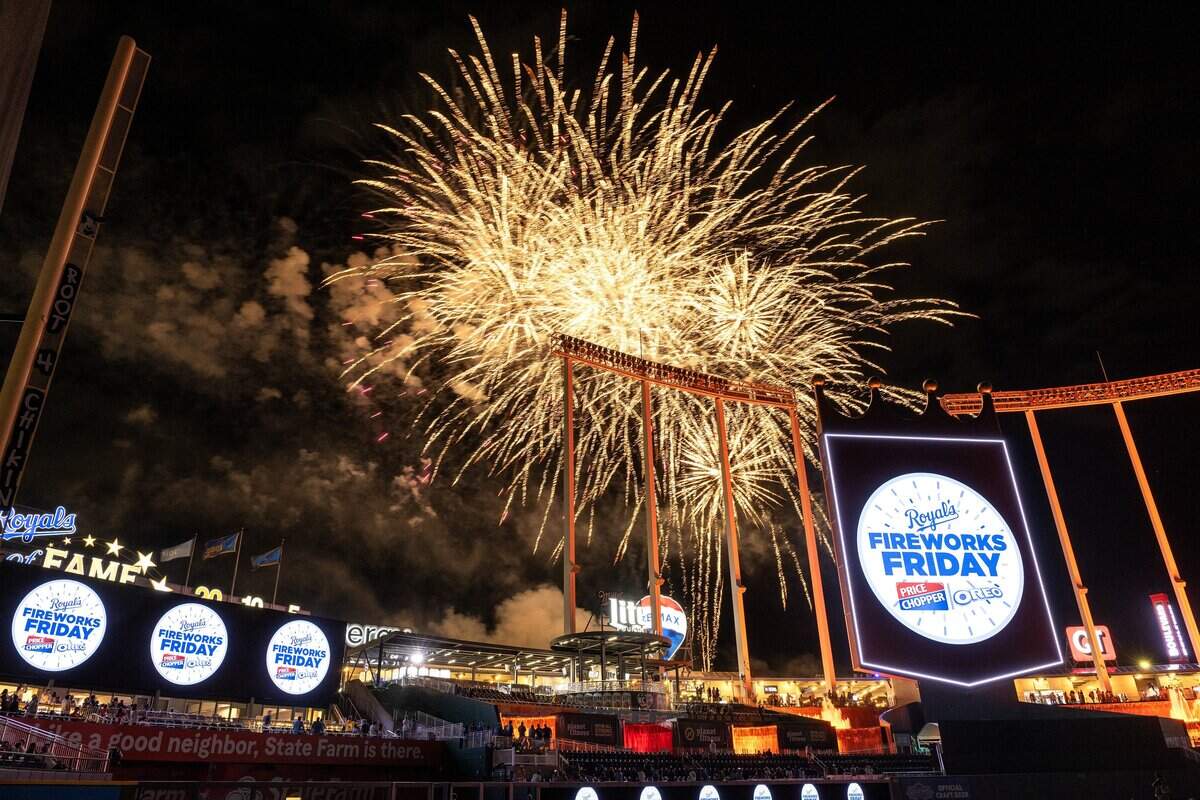 Fireworks light the sky over Kauffman Stadium during Friday fireworks after the Kansas City Royals' 10-8 loss to the Houston Astros on Friday, June 12, 2026, in Kansas City.